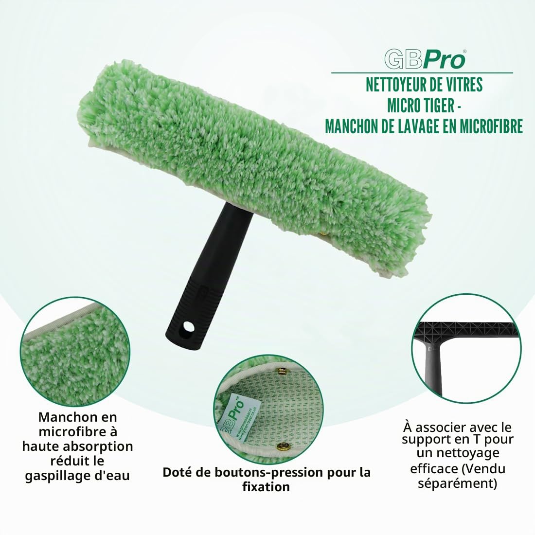 GBPro Raclette de fenêtre professionnelle en acier inoxydable 25 cm + barre en T et manchon de lavage en microfibre – Équipement de nettoyage de vitres ultime