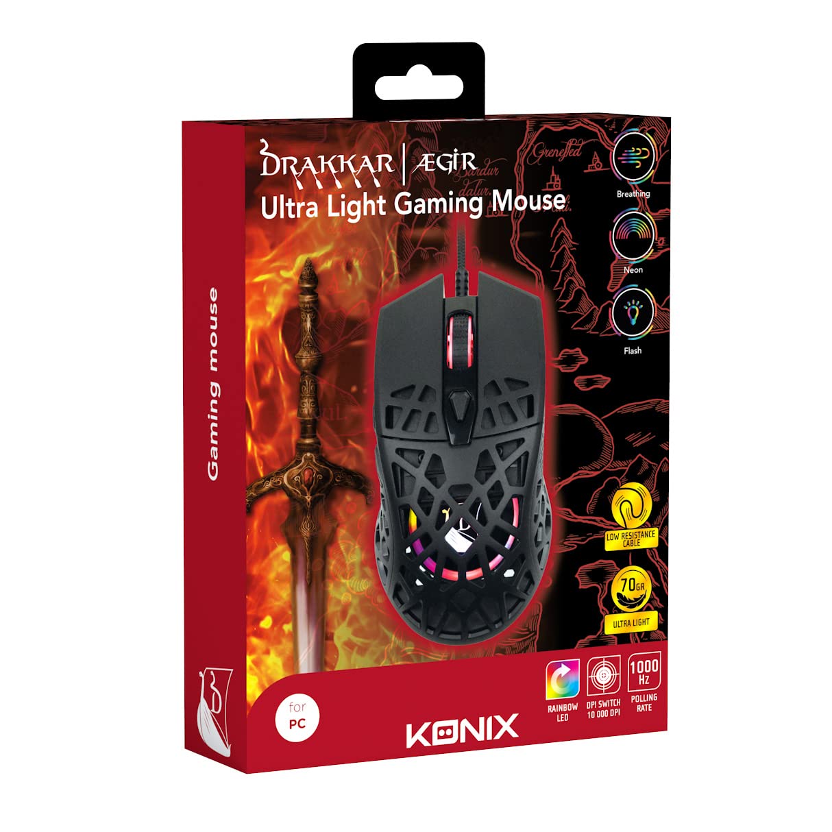 Konix Drakkar Souris Gaming Filaire Aegir Ultra Light 70 g pour PC - 7 Boutons - 7 Niveaux DPI - Rétroéclairage LED Arc-en-Ciel - Noir