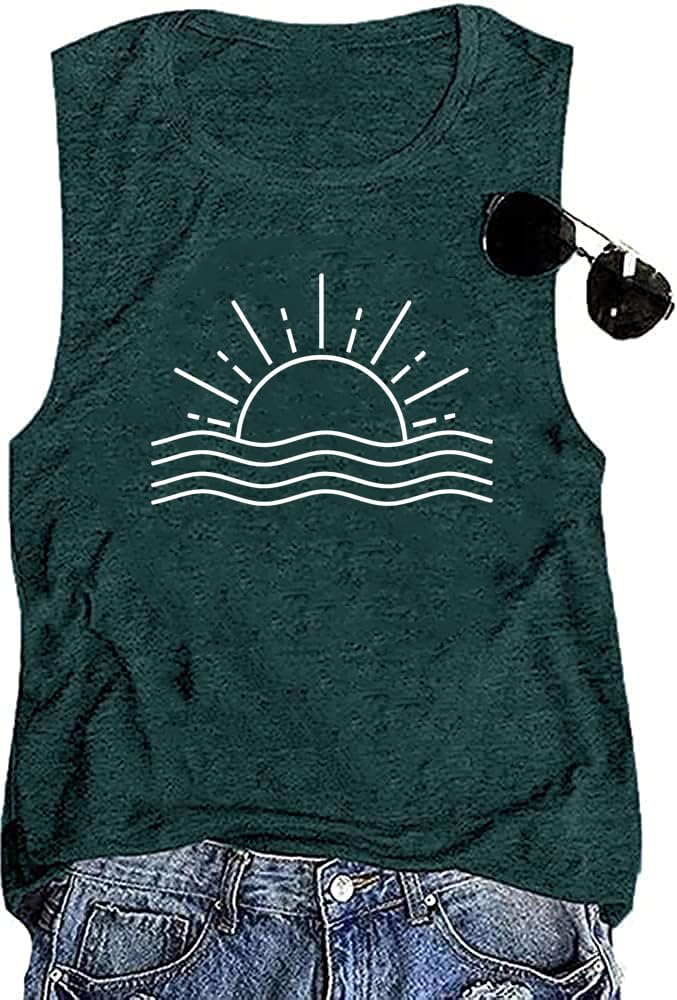 Women Hiking Camping Tank Top Funny Nature Sunrise Graphic Tees for Women Vintage Summer Workout Sleeveless Athletic Tops