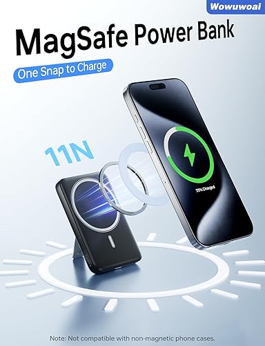 Miniatura 2 de Cargador portátil Magsafe, banco de energía inalámbrico de 10000 mAh con soporte, USB C PD 20 W carga rápida Powerbank, batería magnética compatible