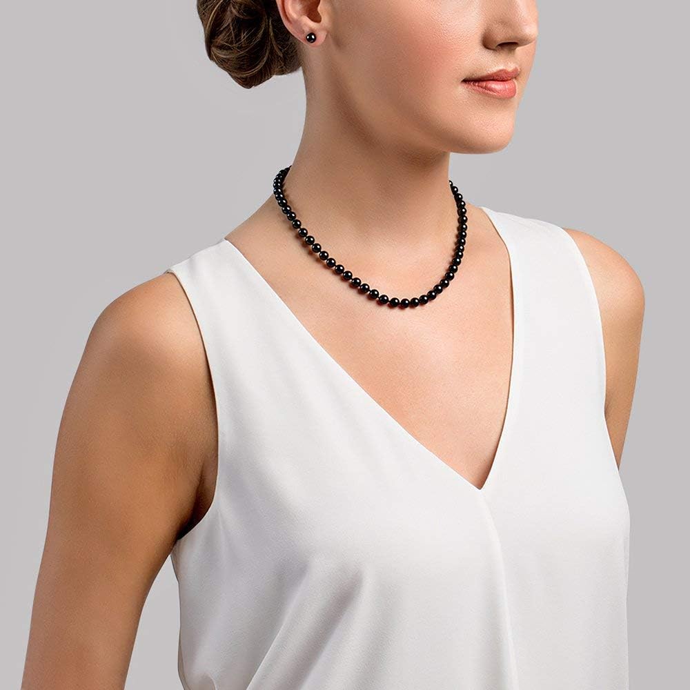The Pearl Source 14K Gold 6.0-6.5mm AAA Quality Round Black Akoya Cultured Pearl Necklace & Earrings Set in 17" Princess Length for Women
