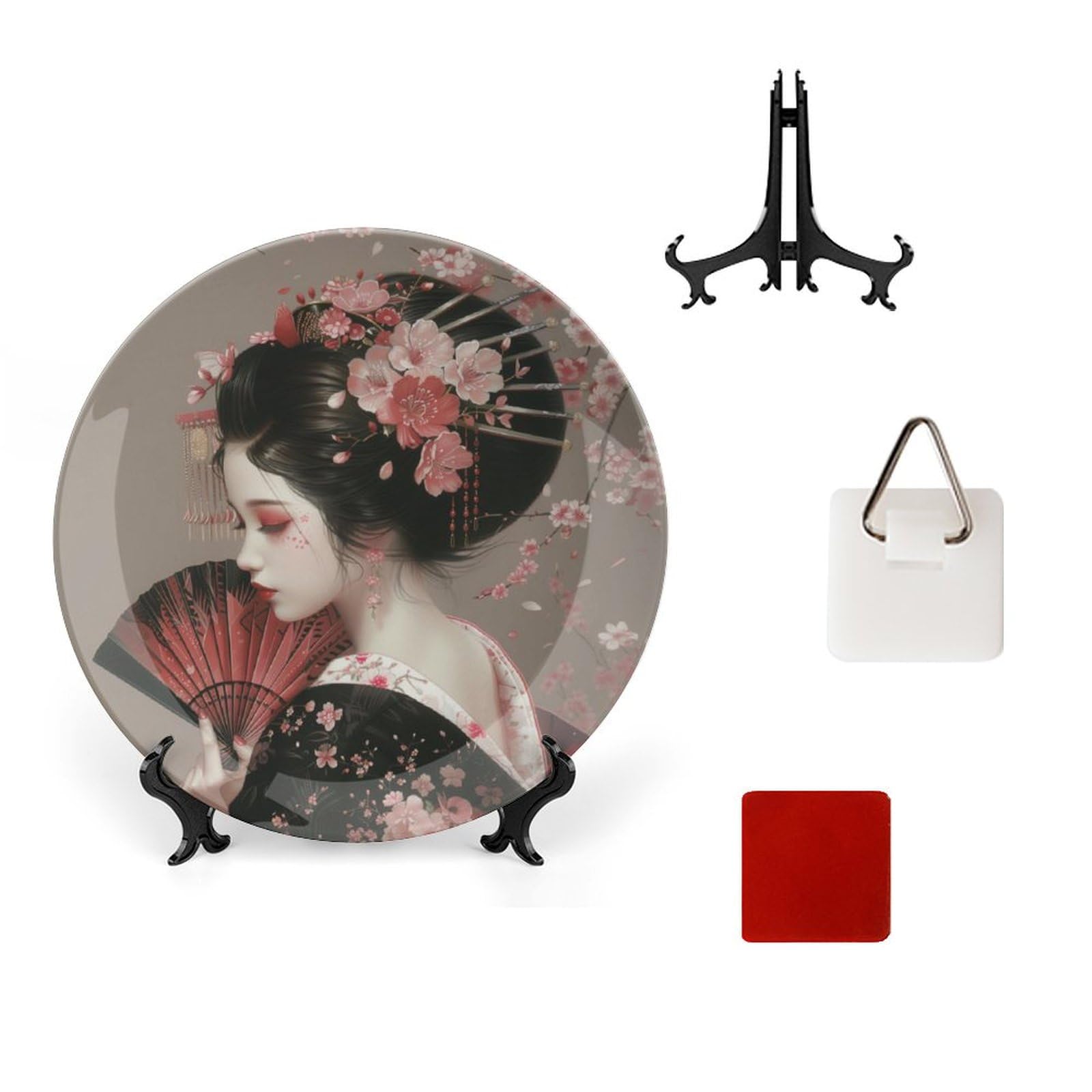WNICELIN Japanese Cherry Blossom Geisha Bone China Decorative Plate Ceramic Decorative Plate for Home Office Wall Decor, with Vertical Stand Decorative Plates for Home Club
