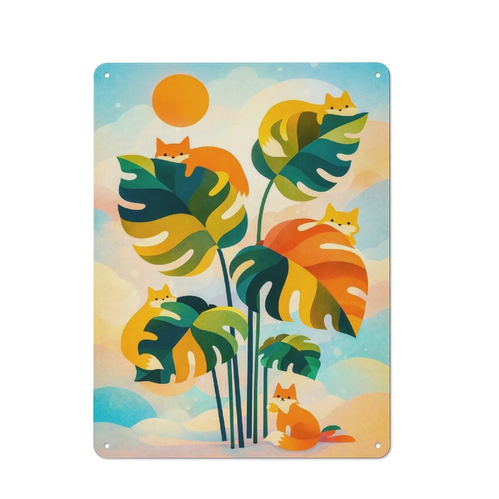 Junmoney Style Vintage Tin Sign 40X30cm With Cute Foxes On Tropical Leaves For Man Cave Or Games Room, For Winter Room Styling In Man Cave And Games Room