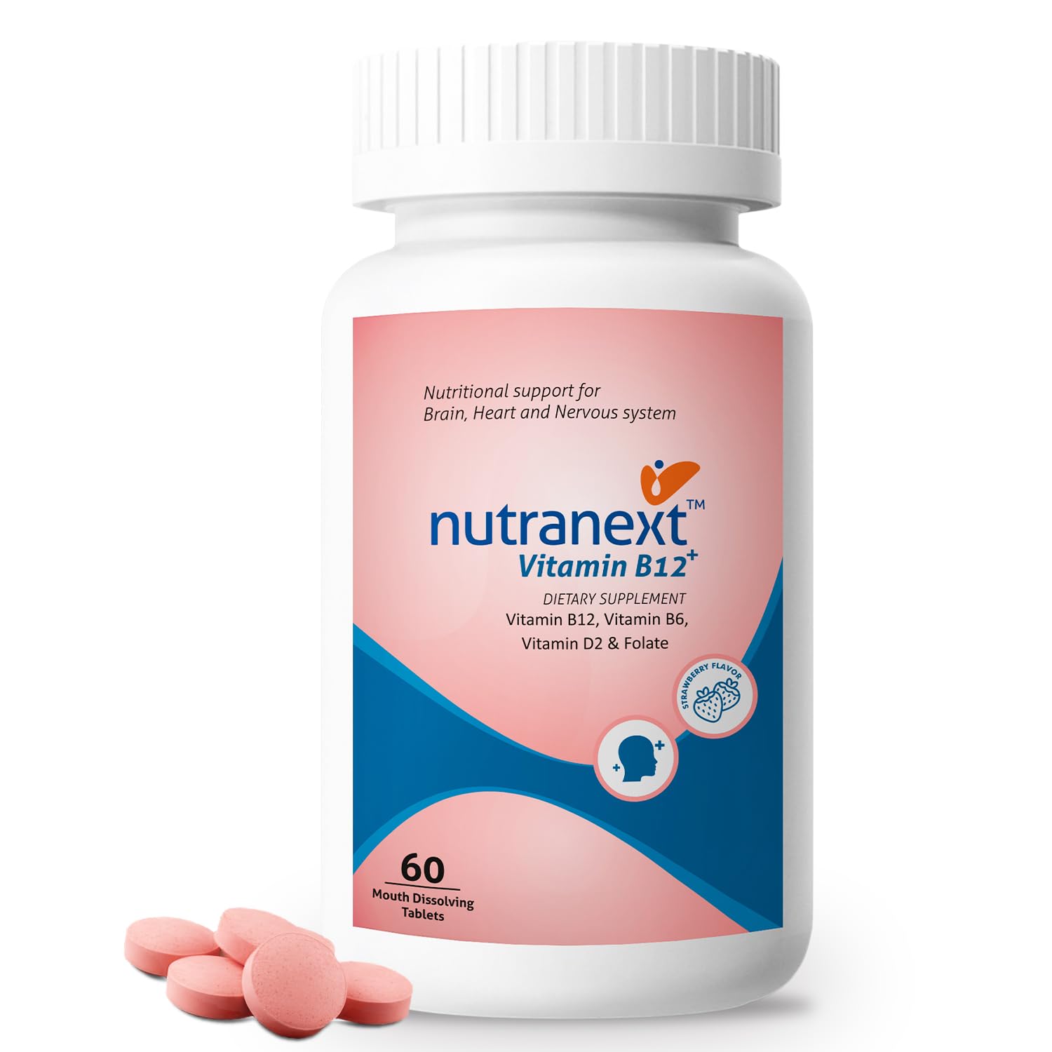 Nutranext® Vitamin B12 plus Supplement - A blend of Vitamin B12, B6, D2 & Folic Acid - 60 Chewable Tablets, Strawberry Flavour - Supports Energy, Nerve Health