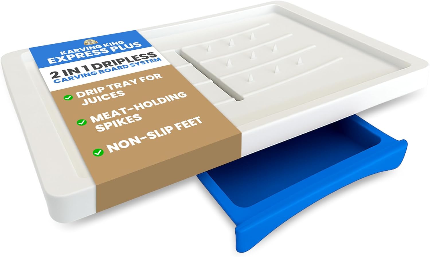 Karving King Meal Prep System - Large Cutting Board with Juice Groove, Spikes, & Drip Tray - Carving Board - BBQ Essential & Kitchen Gifts - BPA Free Cutting Board - Blue
