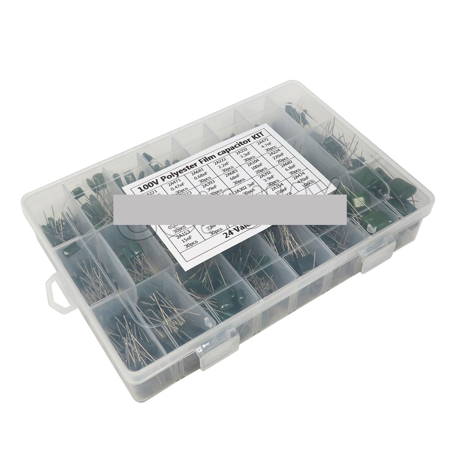 ICXLPMC 660pcs/lot 24value capacitor kit 100v 2a221j to 2a474j polyester film capacitor assorted kit 0.47nf 0.68nf 1nf 2.2nf capacitors