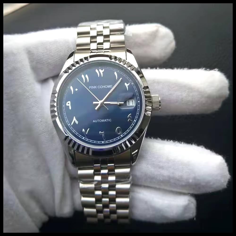 Boyarca Luxuriöse mechanische Stahluhr mit arabischen Ziffern, Automatikwerk, Urdu-Ziffern, 38mm Herrenarmbanduhr mit leuchtender, wasserdichter Datumsanzeige