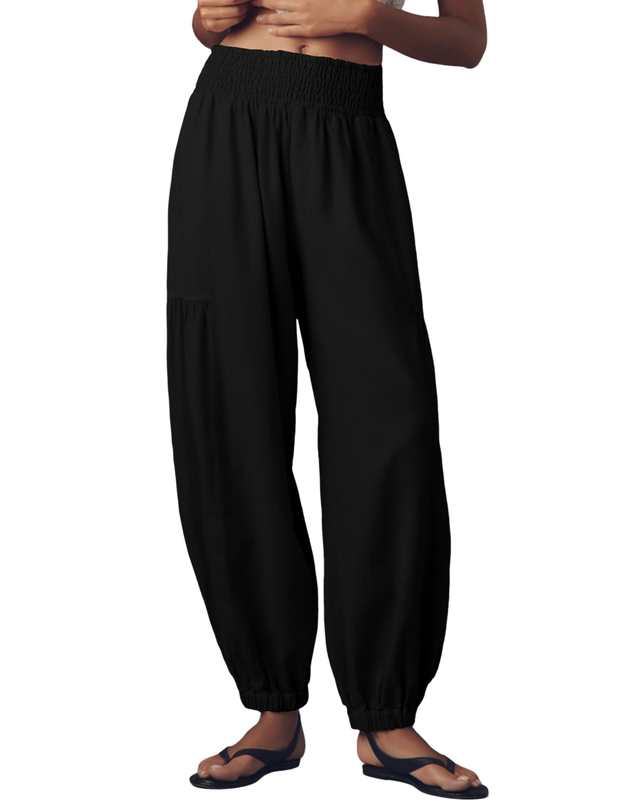 UANEO Womens Baggy Pants Pull On Cotton Linen Smocked Elastic Waist Tapered Relaxed Harem Trousers with Pockets Black-M
