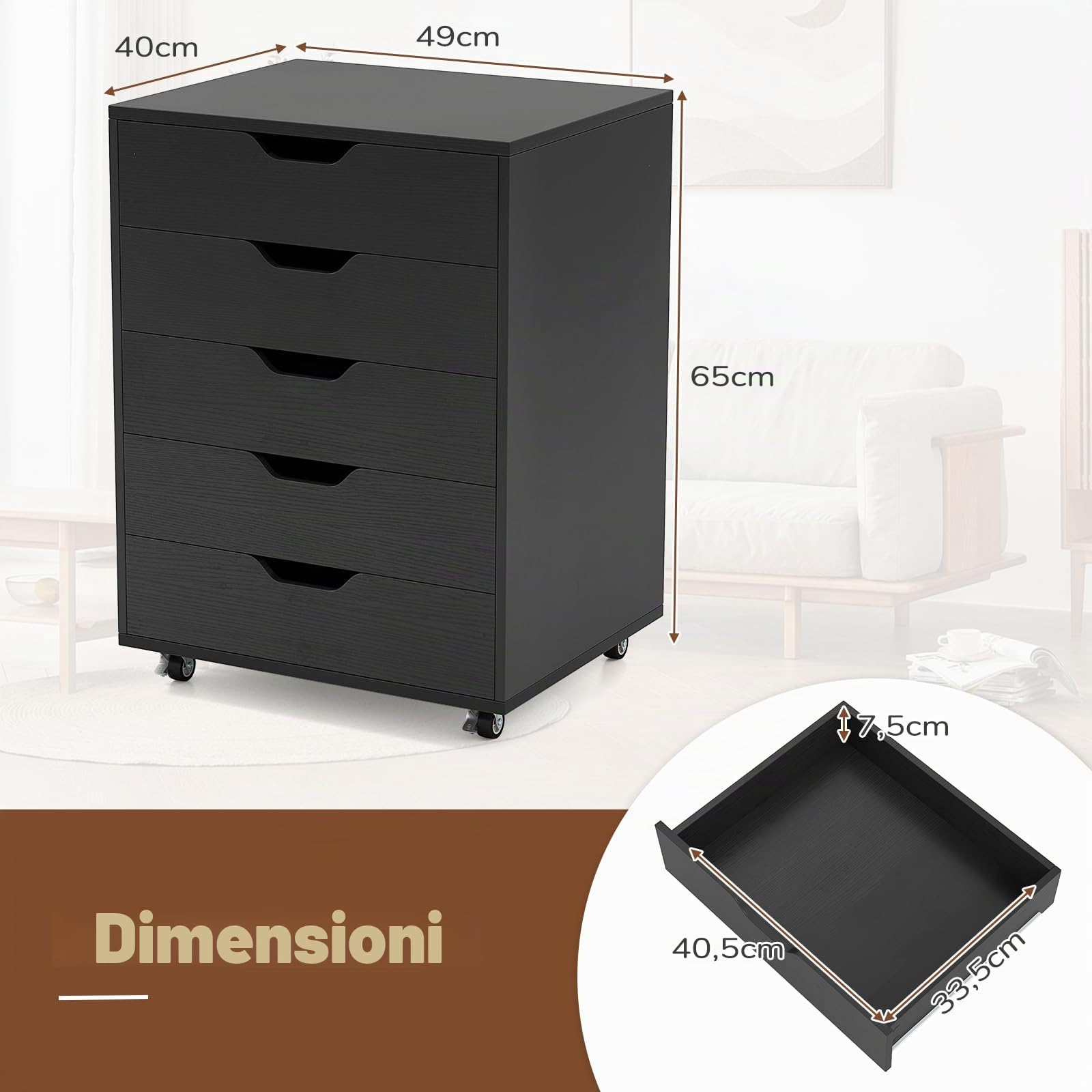GIANTEX Cassetto da scrivania mobile con 5 cassetti da ufficio, mobile da ufficio, organizer con ruote, supporto per stampante per cartelle, documenti, documenti, carta, 48 x 39,5 x 69,5 cm (Nero)