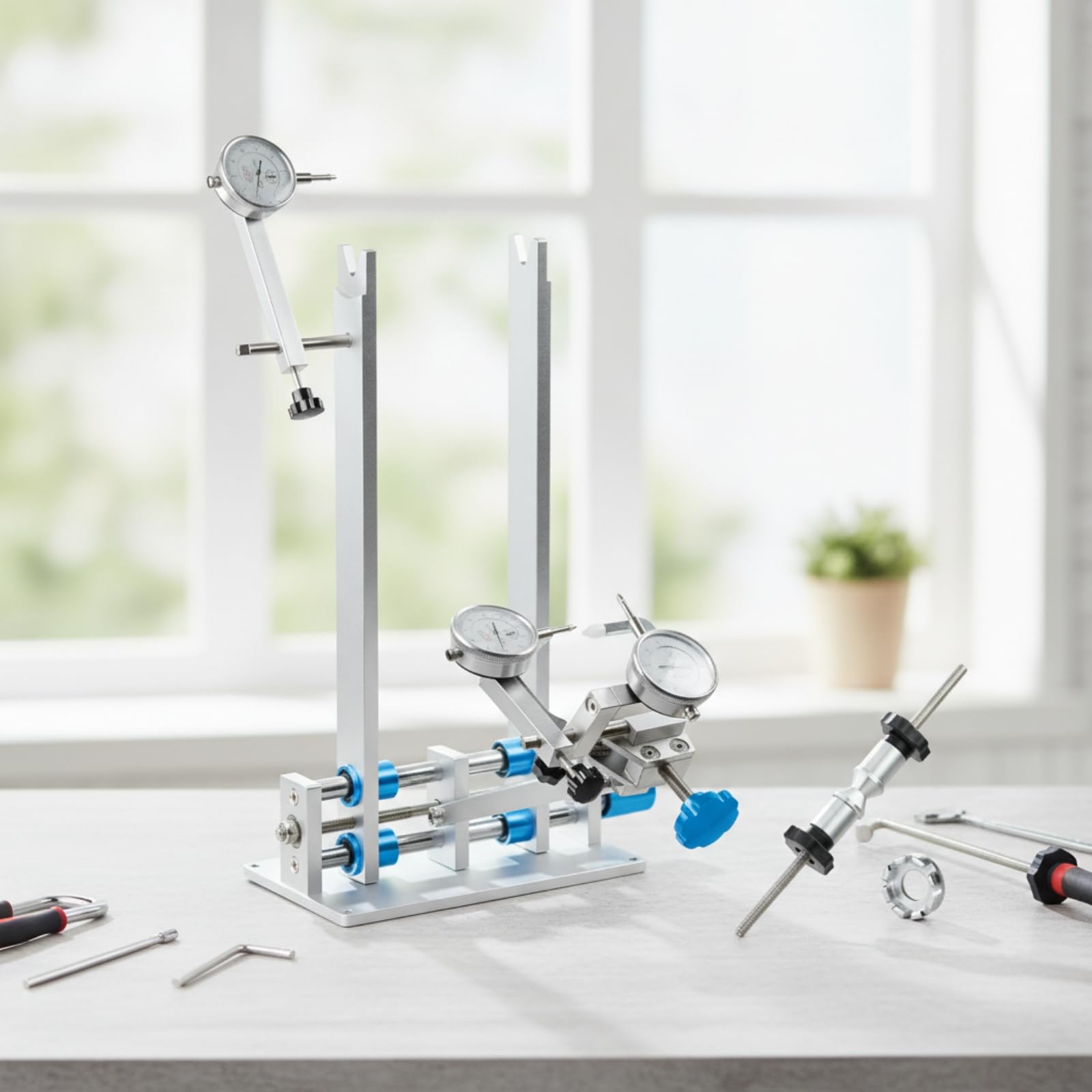 Centrador Ruedas con Comparadores table Centrador Ruedas Bicicleta Rígido Herramienta para Garaje , Azul Zafiro , Con Tres Medidores + Caja De Almacenamiento, Versión Mejorada