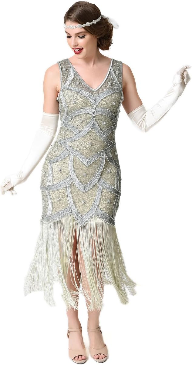 Unique Vintage Silver & Seafoam Beaded Mesh Isadora Fringe Flapper Dress