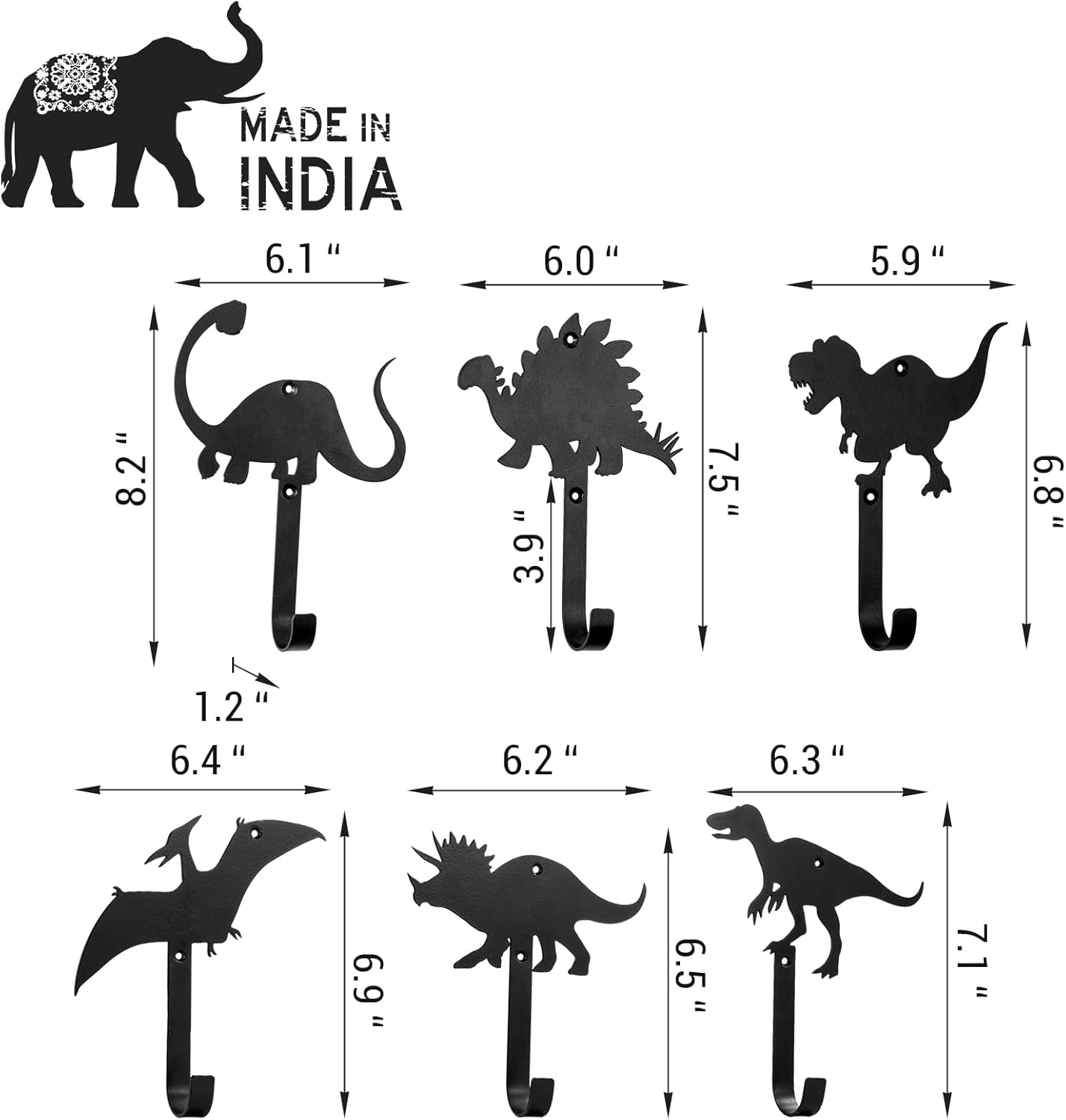 MyGift Wall Mounted Matte Black Metal Dinosaur Silhouette Hanger Hooks, Hanging Holder for Kids Bathroom Towel Toddler Boys Nursery Coat Hat Rack, 6 Piece Set - Handcrafted in India
