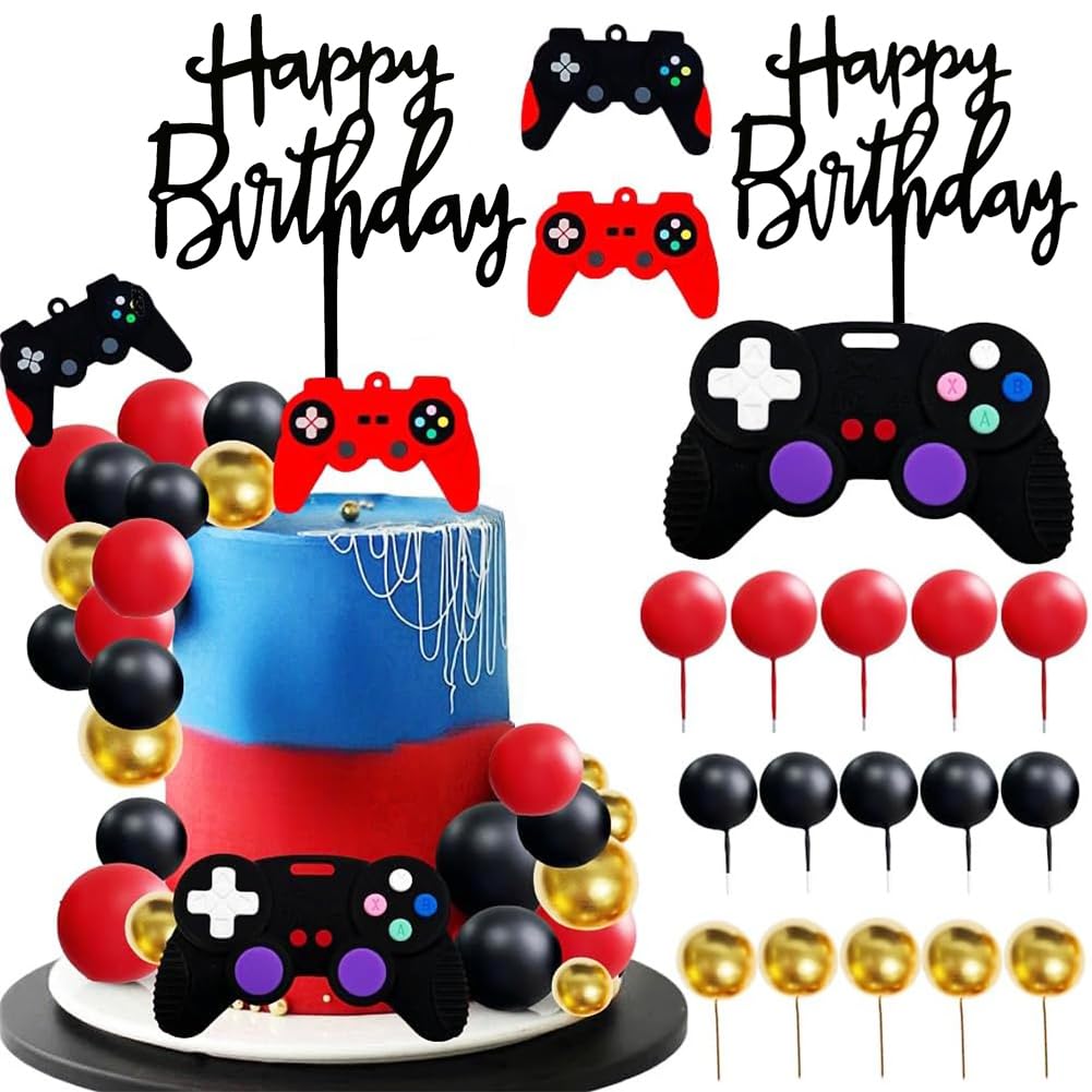 19 PCS Game Cake Decorations Controller Cake Topper with Happy Birthday Cupcakes topper,Ball Decorations,Gaming-Themed Cakes Topper Set for Birthday Decorations