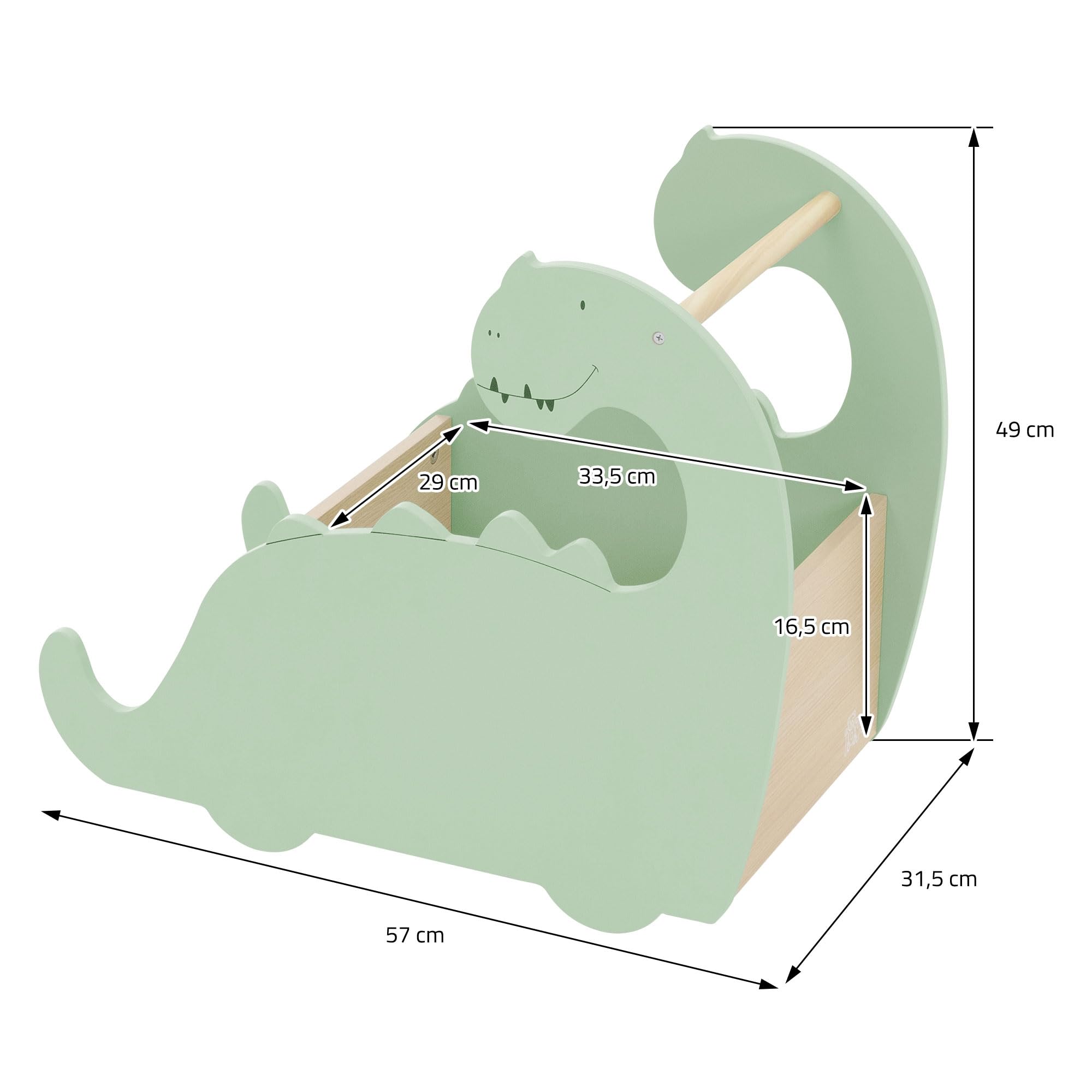 Joyz Coffre à Jouets en Bois, Design Dino, 57x31,5x49 cm, Vert-Nature, Bibliothèque avec Espace Ouvert, Chariot à roulettes, Boîte avec Espace de Rangement, Trotteur Pratique pour Chambre d'enfant