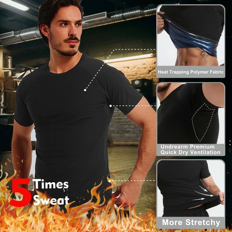 Image of Sauna Shirt for Men Short Sleeve Compression Sweat Suit Loss Body Shaper T-Shirt Heat Trapping Workout Gym Exercise