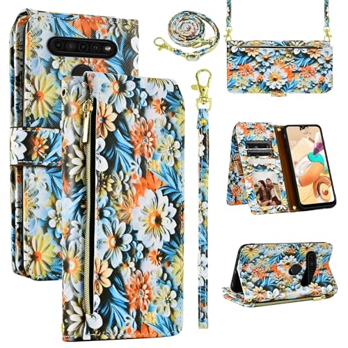 Dswteny Wallet Case for LG K51/Reflect LTE/Q51 With Wrist Strap Shoulder Strap, Floral PU Leather Stand Card Holder Cell Phone Cover for LGK51 K 51 51K L555DL 2020 LGK51Phone LG51Cases Women Men Brown