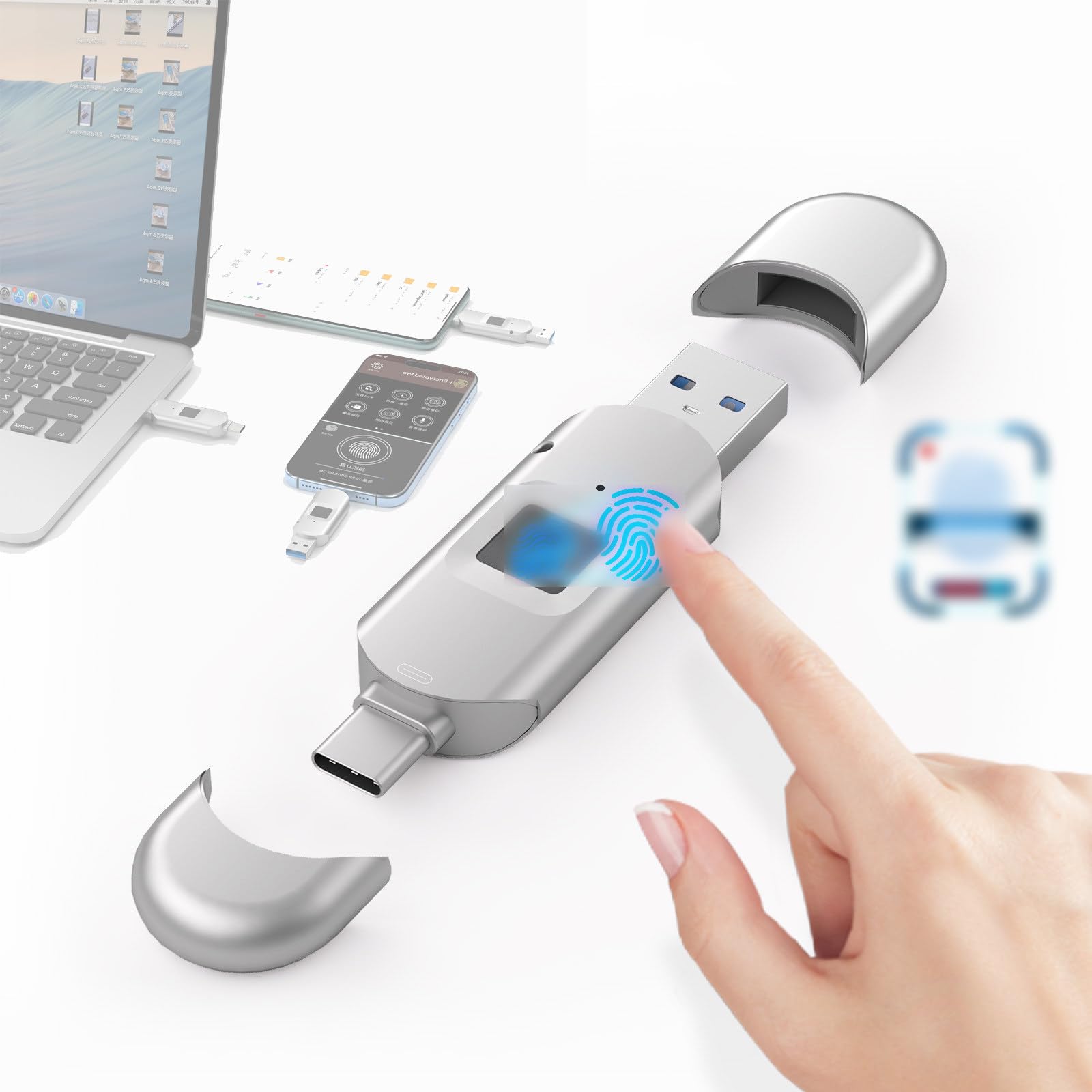 unità USB Crittografata,Memoria Esterna con Impronta Digitale,Elevata Compatibilità,64Gb/128Gb/256Gb/512Gb,64 Impronte Digitali Integrate,Protezione Tramite Password,USB 3.0/Tipo C 64GB