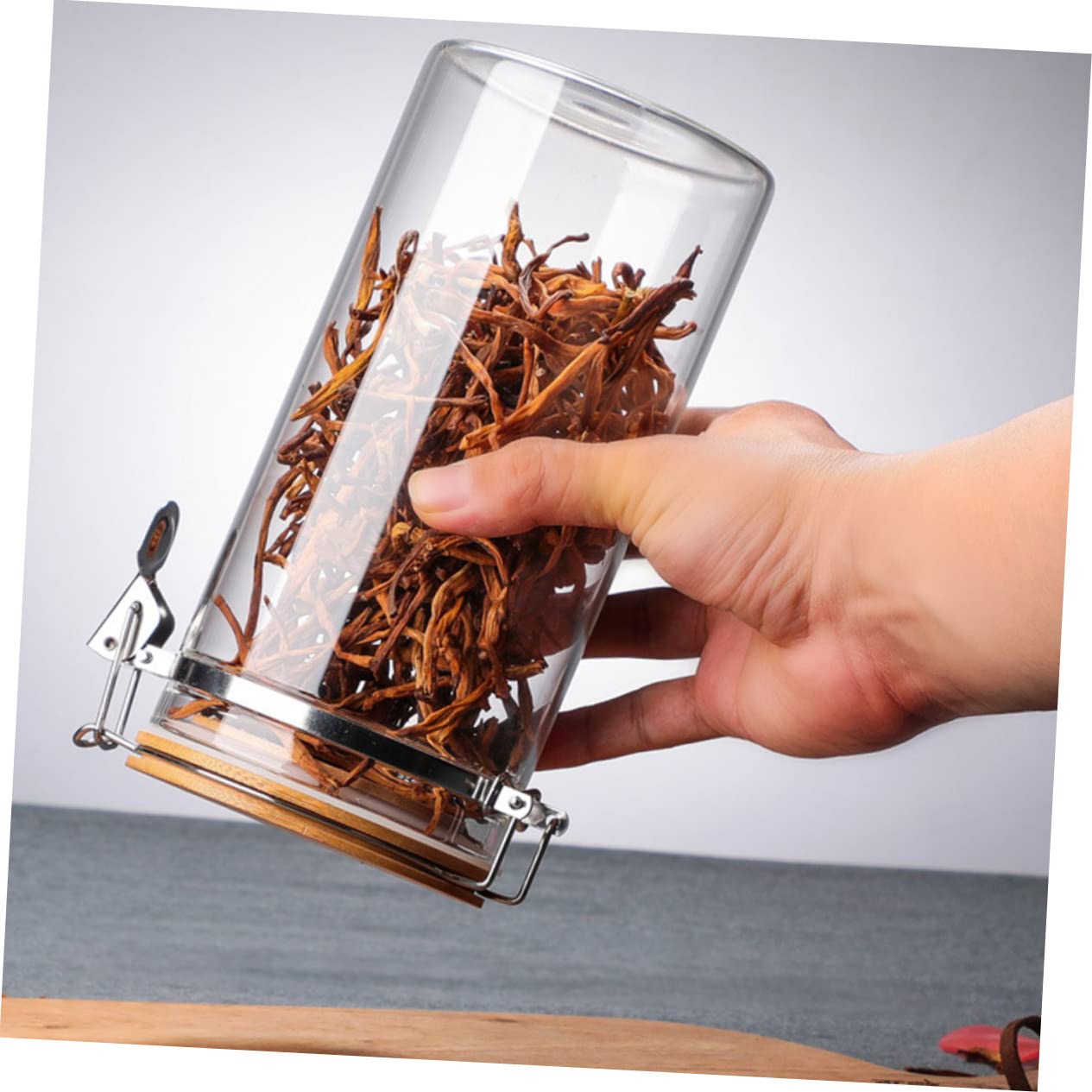 ABOOFAN Contenitori Ermetici in Vetro Chiusura 2 Pezzi per Cucina | Capienze 1140ml e 1280ml, Acciaio Inossidabile e Legno, Adatti a Polveri e Tè