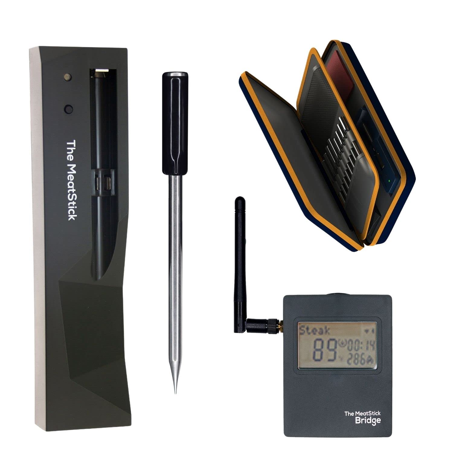The MeatStick Bridge Set 1 Fleischthermometer Set I 1x MeatStick und WiFi Bridge für 90m Bluetooth Reichweite I inkl. Ladegerät und Tasche I kabellose Thermometer Grillzubehör