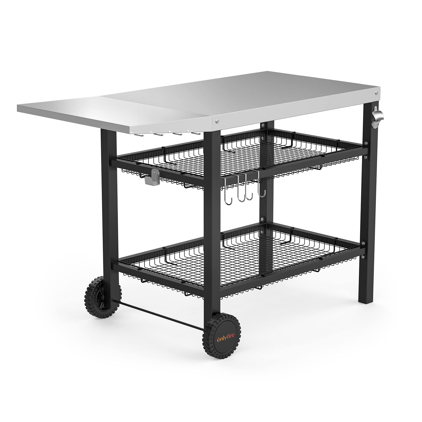 Onlyfire Amélioré Chariot de barbecue, Desserte Cuisine Inoxydable pour Plancha, avec Table d'appoint, Panier de rangement à deux couches et Porte-ustensiles,