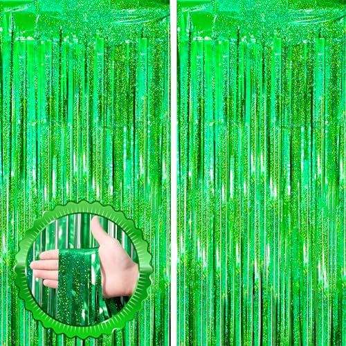 Image of Voircoloria 2 Pack Laser Green Tinsel Foil Fringe Curtains, Green Party Decorations, Metallic Tinsel Party Streamers Backdrop for Birthday Baby Shower St Patrick's Day Christmas Party Decorations