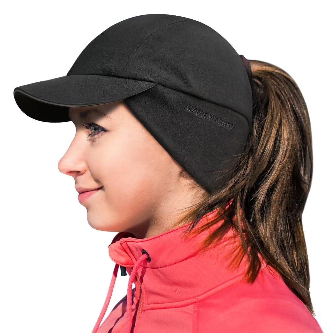 GADIEMKENSD Women's Winter Ponytail Hat Reflective Fleece Running Hat with Drop Down Ear Warmer