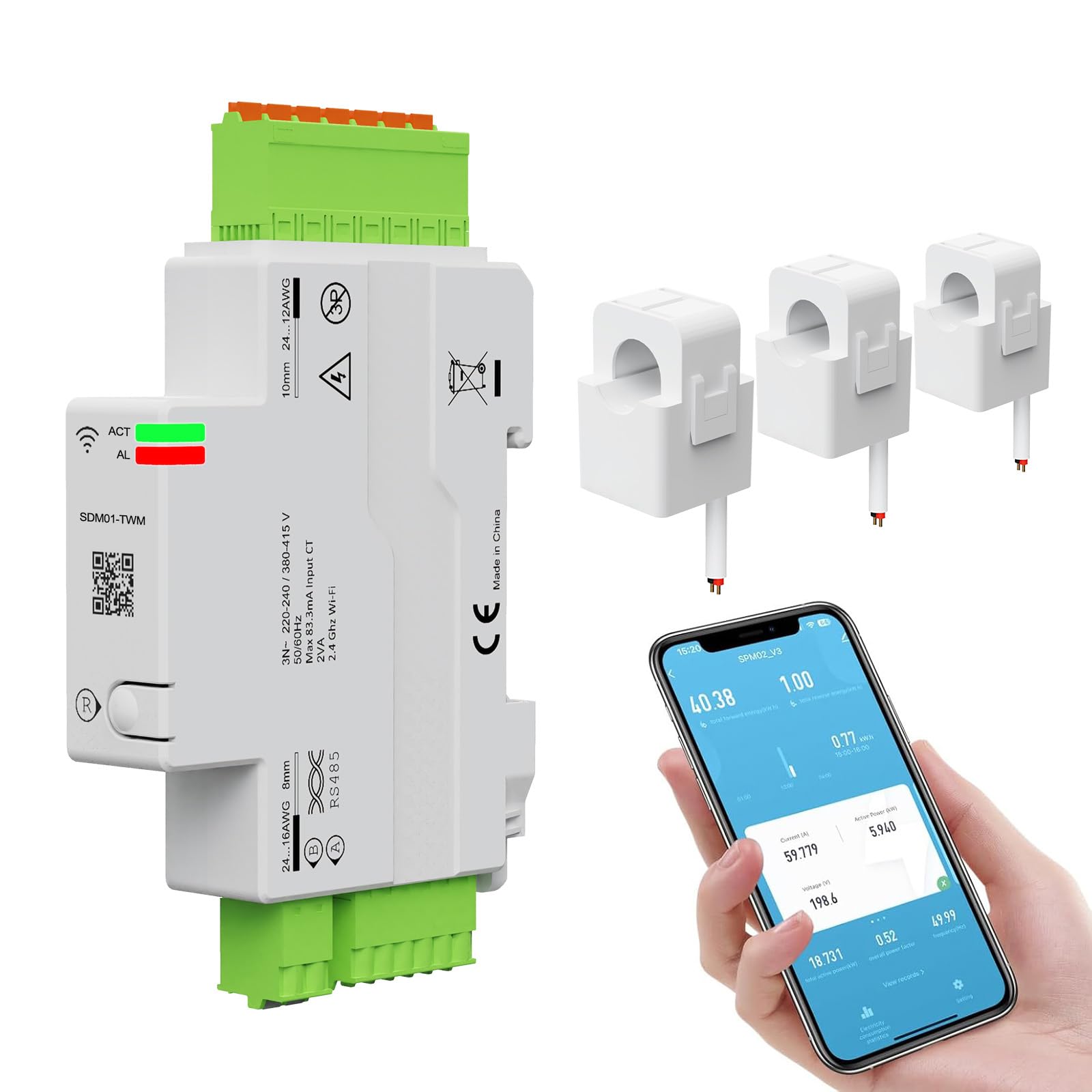 Yasorn Medidor de Energía Wi‑Fi 3 Fases 3×80A, Monitor Inteligente de Consumo y Potencia, Medición en Tiempo Real vía App Smart Life/Tuya, Montaje en Carril DIN, Compatible Alexa & Google