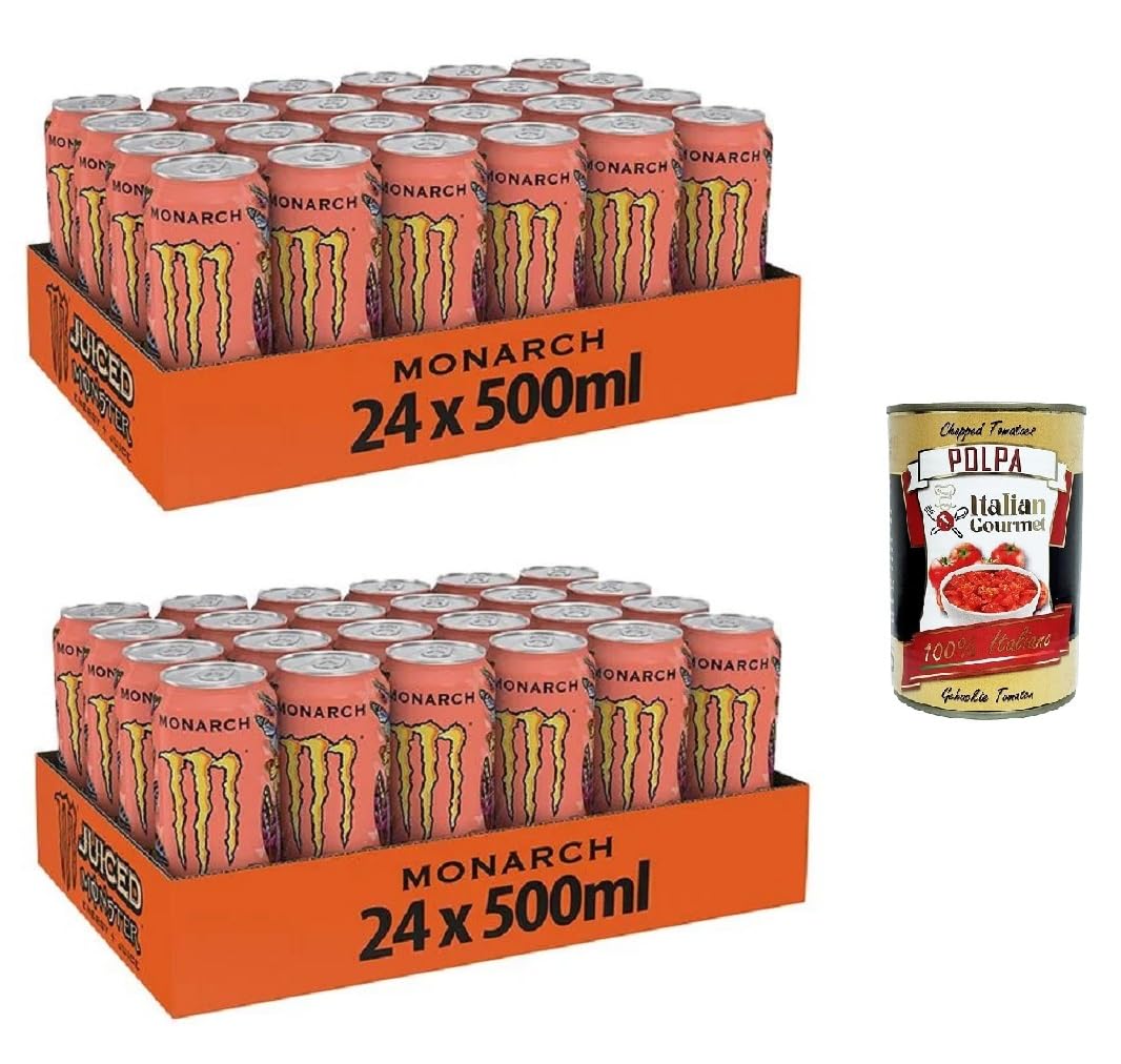 Italian Gourmet Monarch bevanda energetica, Energy pesca 48 x 500ml | Con caffeina e gusto fruttato di nettarina, koffeinhaltig in Dosen, ideale, Gesamtnettogewicht 24 L + Kostenlos Polpa 400g