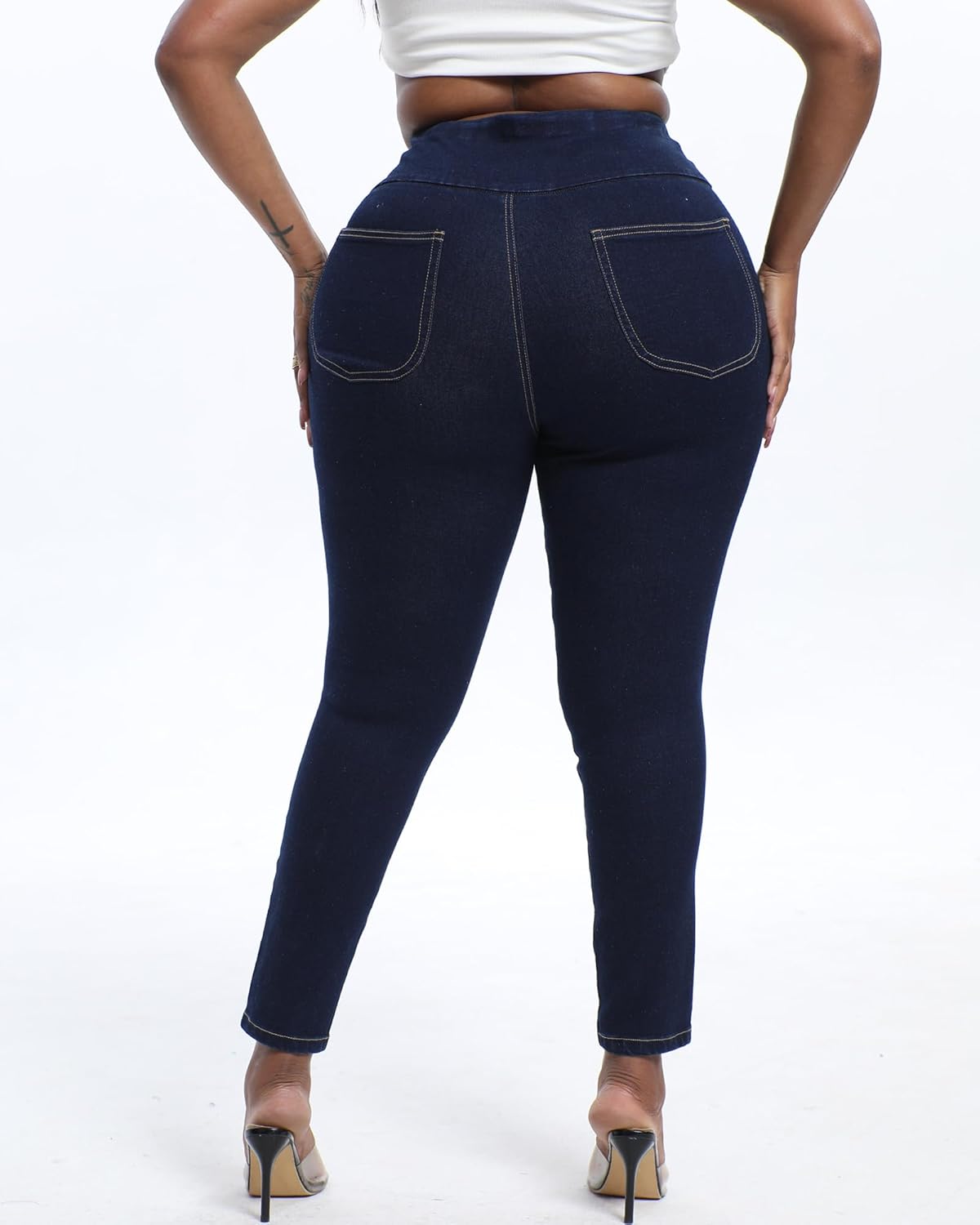 Women Plus Size Pull On Jeans Stretchy Skinny Leg High Waisted Ripped Ankle Jean - Image 2