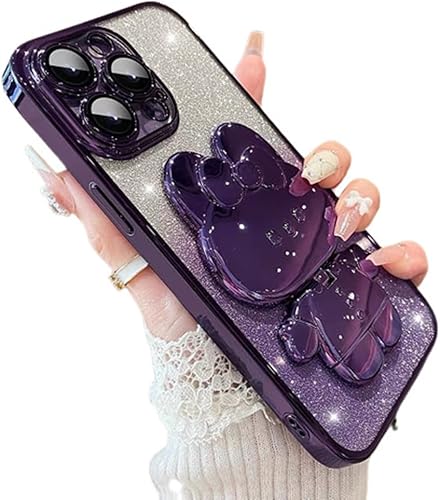 Funda para iPhone 15 Pro Max con soporte de espejo de conejo, 15 Pro Max, funda para teléfono con purpurina femenina de TPU suave para iPhone 15 Pro