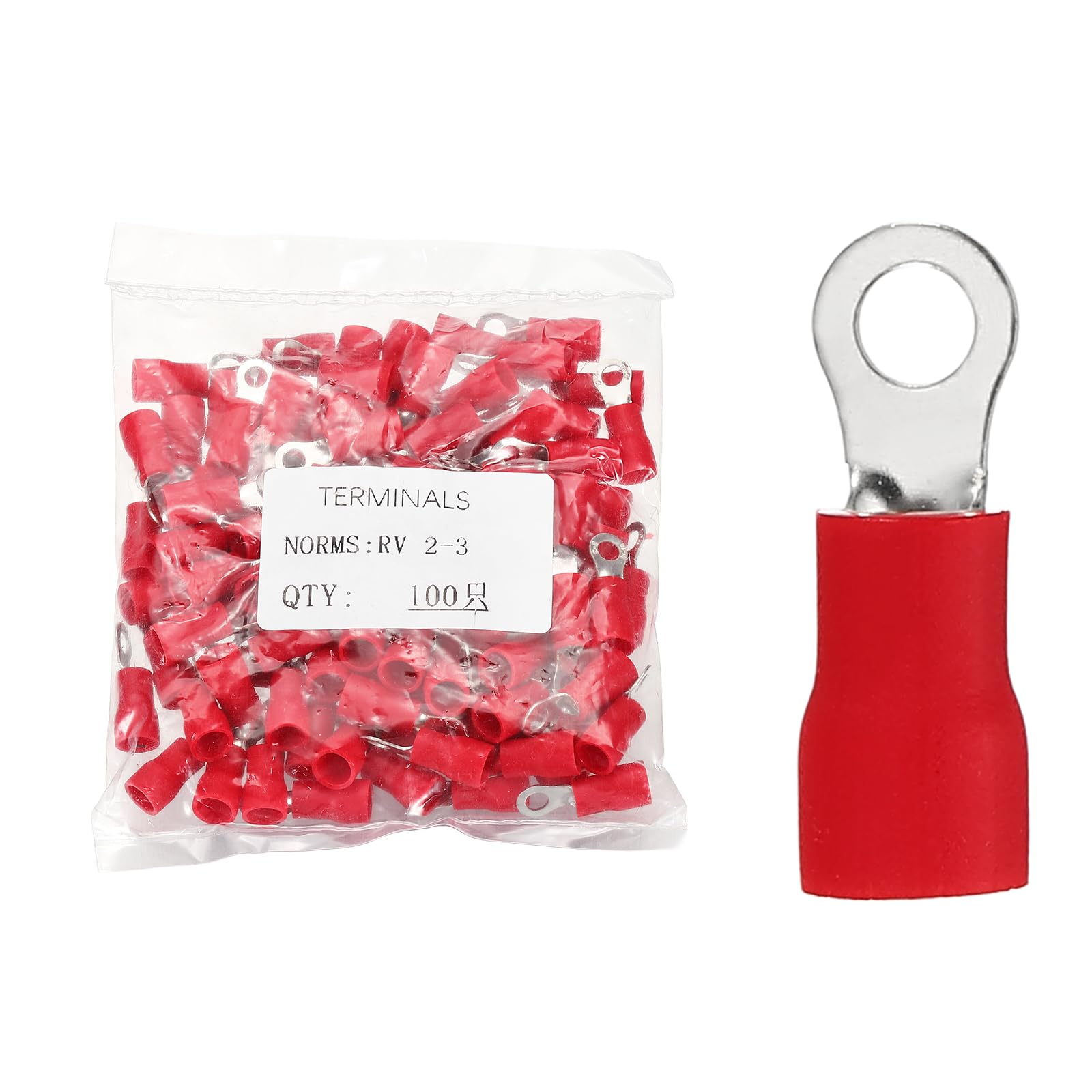 sourcing map 100pcs Terminals Ring Connectors #4" Tinned Copper Insulated Ring Crimp Terminals 16-14 Gauge for Electrical Industrial Chemical Project, Red
