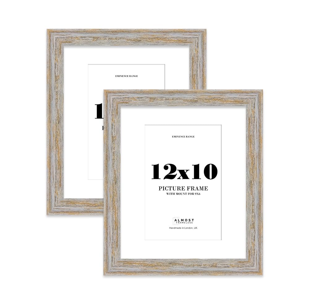 12x10" Walnut Woodgrain Picture Frame with 9x6" Mount - Shabby Chic Photo Frame with Distressed Finish, Wall Hooks and Kickstand, 32mm Edge - 2 Pack