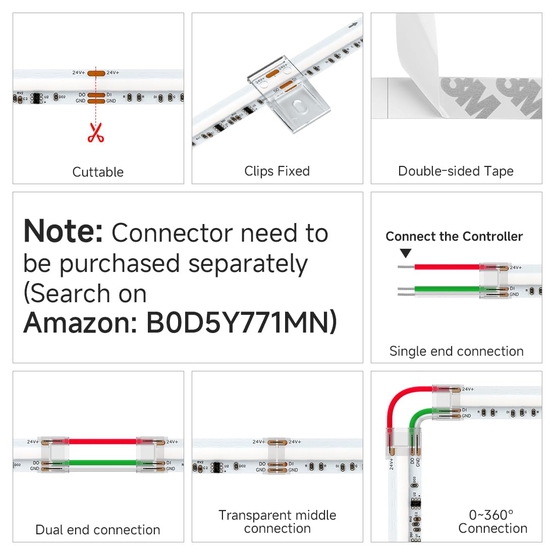 BTF-LIGHTING FCOB COB SPI RGBCCT Tira LED direccionable de doble IC RGB+Blanco Cálido+Blanco Frío Cinta LED Flexible Alta Densidad 5M 960LEDs/M 24V IP30 Efecto Chaser para Decoración DIY(Tira Sólo)