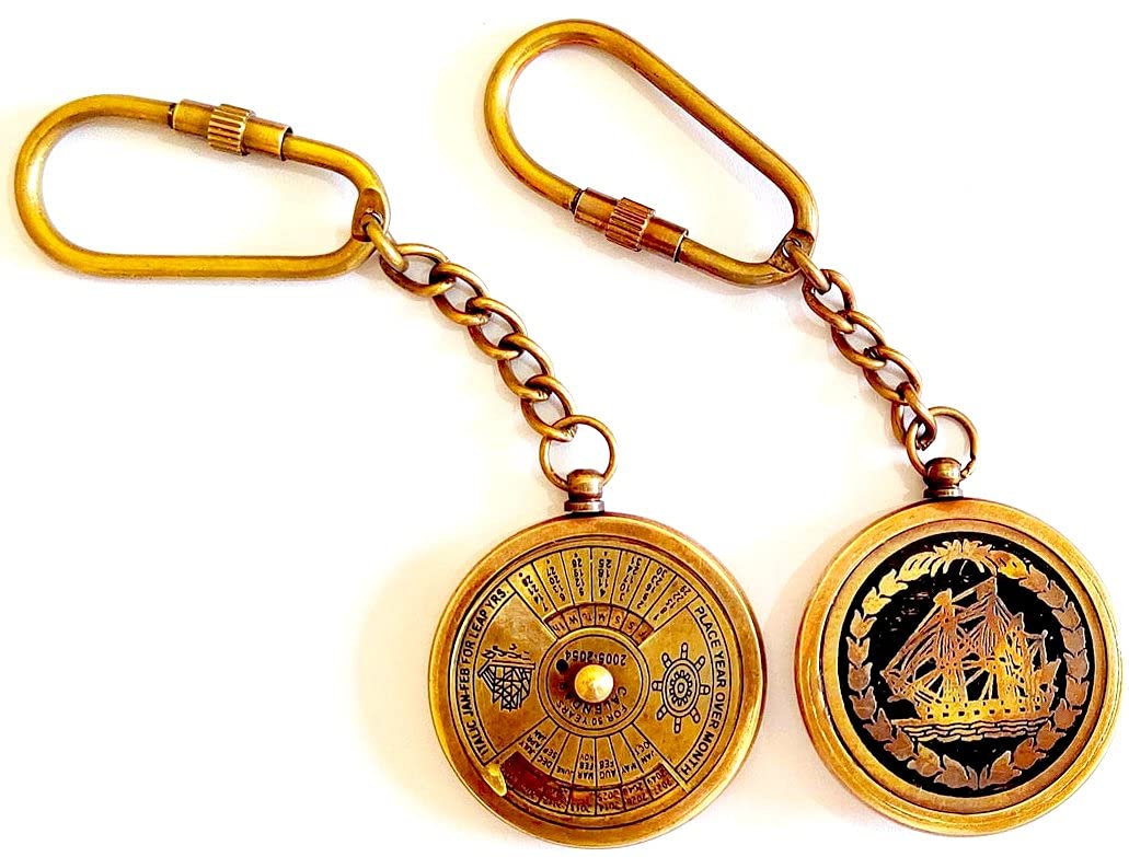 Vimal Nautical Brown Antique Antique Maritime Brass Perpetual Calendar-50Year Calendar Key Chain-Collectible Keyrings-Antique Keychain-Nautical Gift