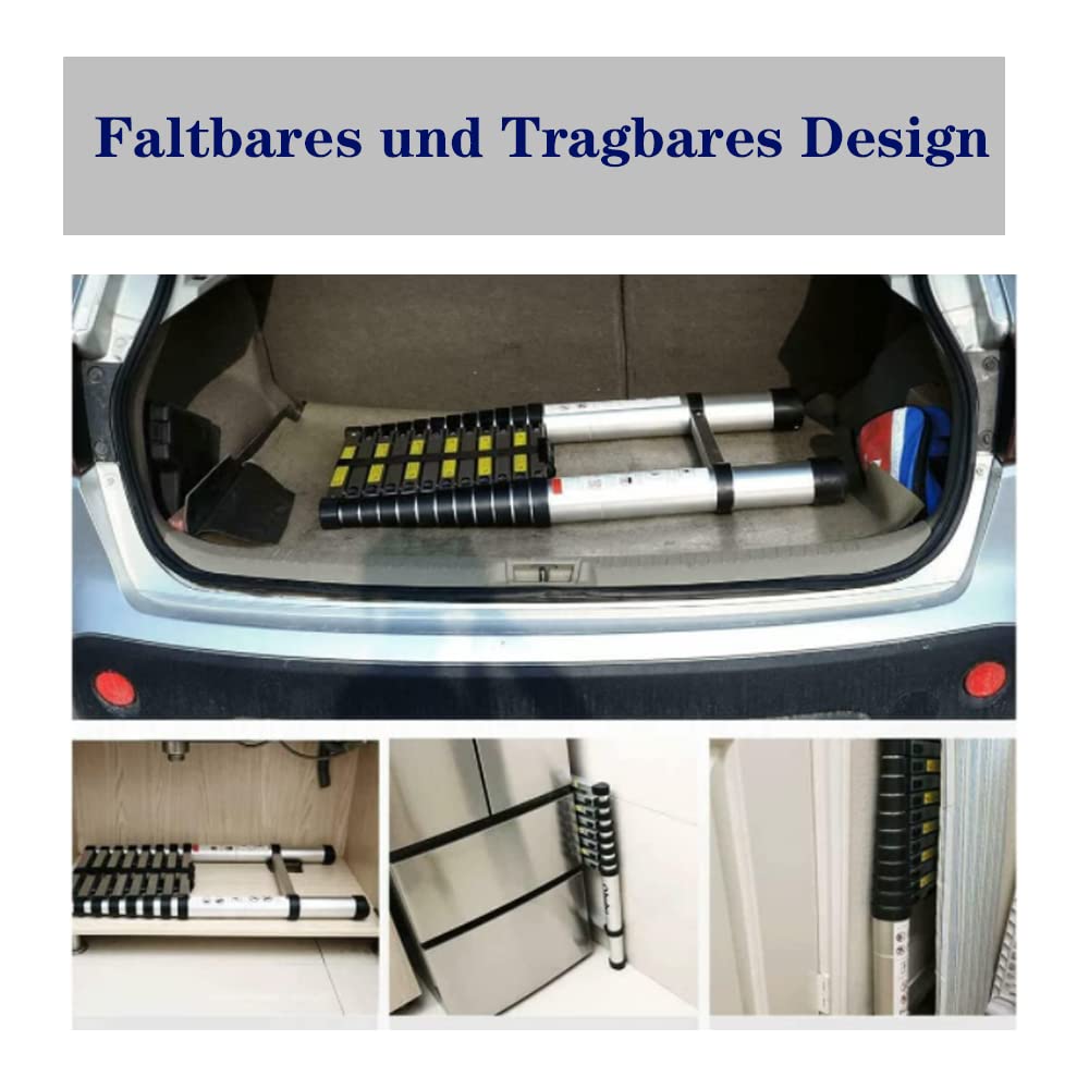 Wysuwana drabina schodkowa, wielofunkcyjna drabina składana, drabina aluminiowa, drabina przesuwna z 2 hakami do użytku na zewnątrz i wewnątrz, antypoślizgowa drabina 15-stopniowa, nośność 150 kg