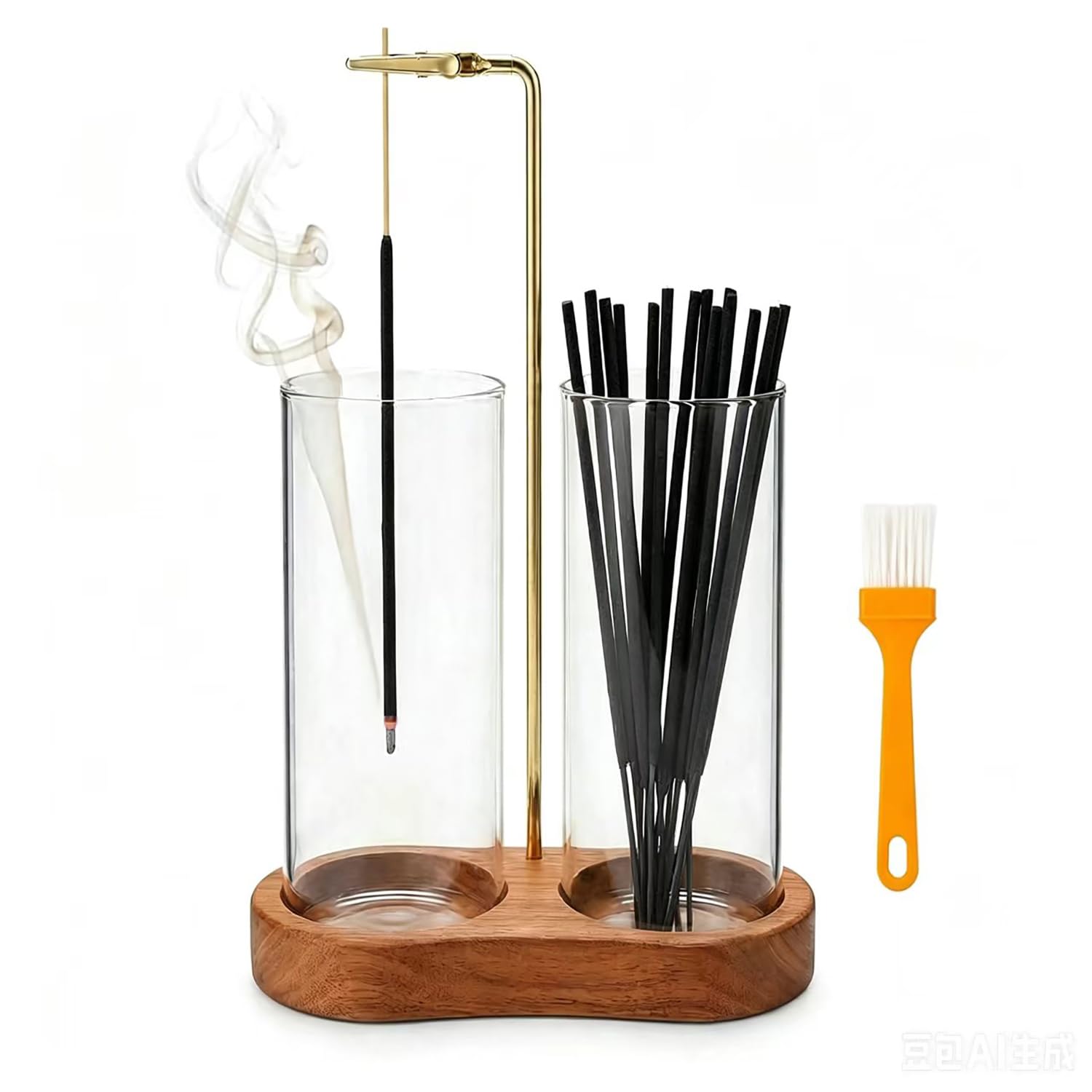 Incense Holder with 2 Large Glass Ash Catchers, Modern Anti-Ash Flying Incense Burner for Meditation and Yoga, 6cm Wide Double Glass Tube Agarbatti Stand for Home Office Decor, Sapele Style Base
