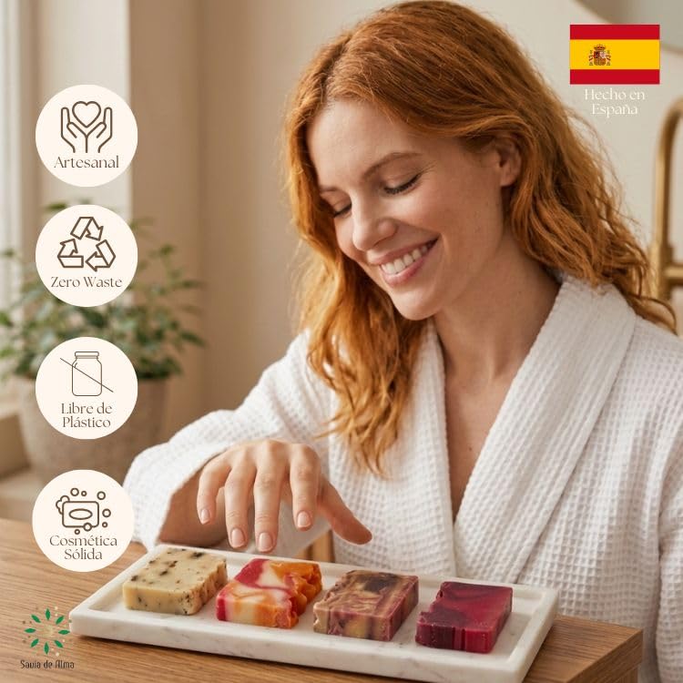 Pack 4 Jabones Artesanales Naturales – Jabones Sólidos de Aguacate, Pepita de Uva, Monoï y Árbol de Té | Jabón Facial, de Manos y para el Cuerpo | Veganos, Hidratantes | Hecho en España