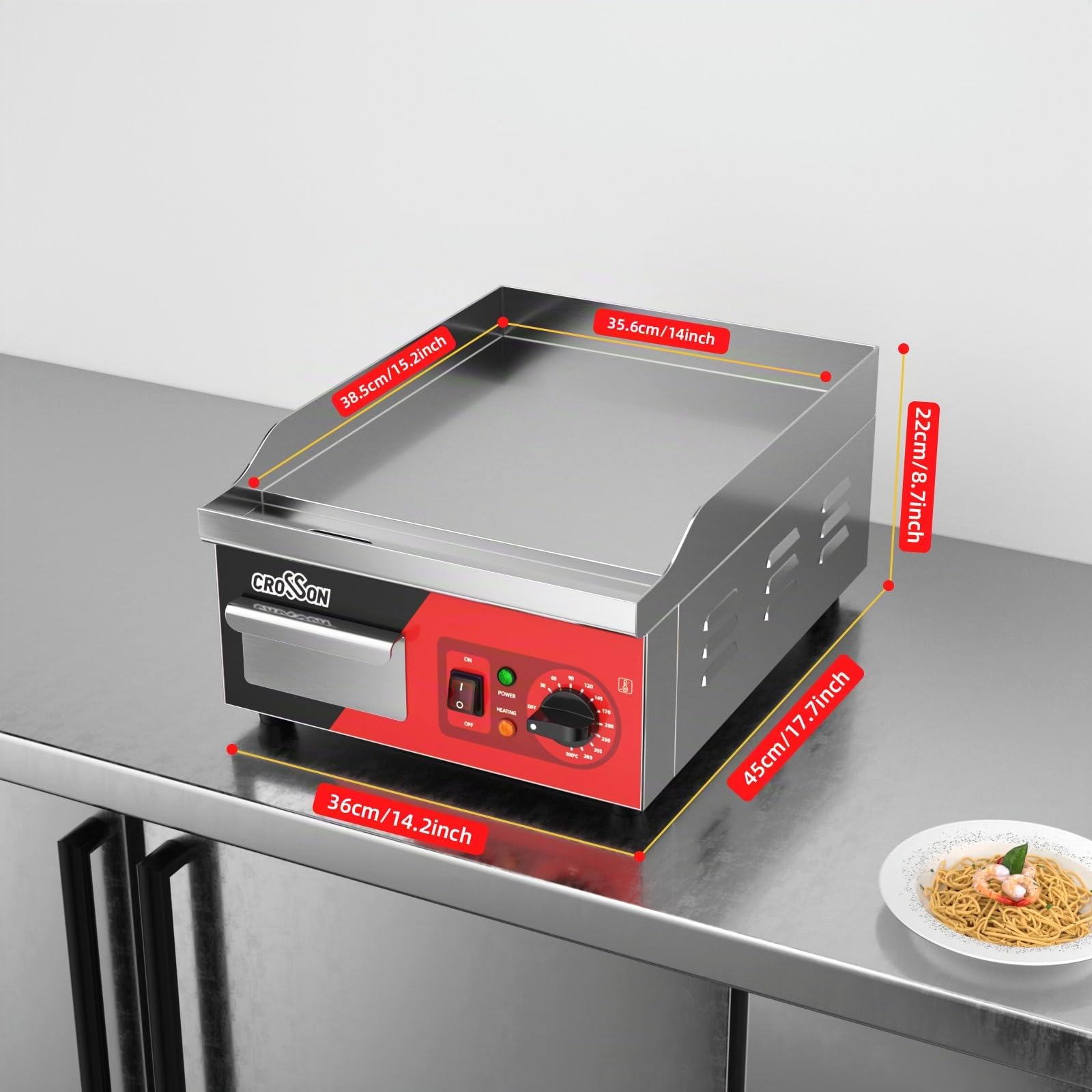CROSSON Piastra Elettrica Commerciale 2000W,Plancha Elettrica Inox 36 x 40 cm, Temperatura Regolabile 60-300°C con Spatola per Ristoranti Luoghi Pubblici e Barbecue