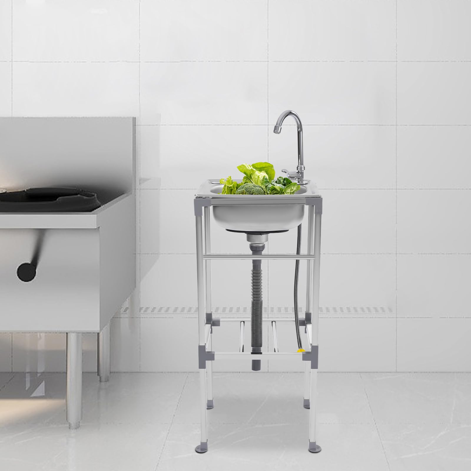 Lavabo indipendente in acciaio inox, lavandino da cucina mobile con rubinetto, per esterni, cortile, garage, campeggio (42 x 37 x 83 cm)