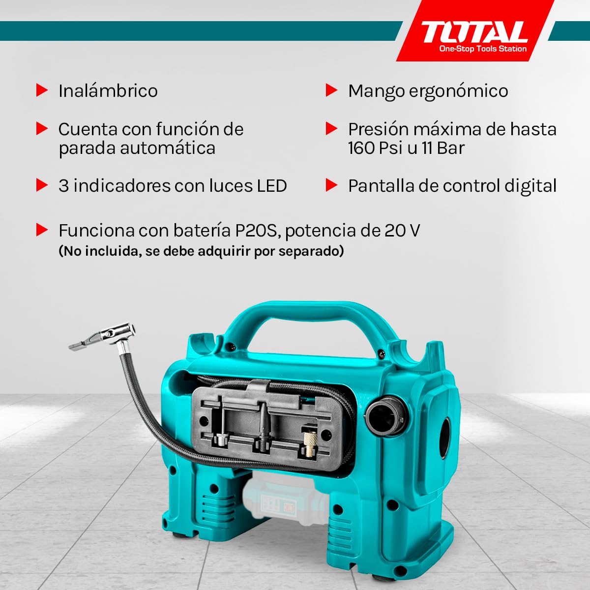 TOTAL - Compresor Híbrido a Batería P20S de 20 V - Bomba de Aire Eléctrica para Inflar Balones, Colchones y Neumáticos - Cargador de 12 V para Coche - Incluye Adaptadores