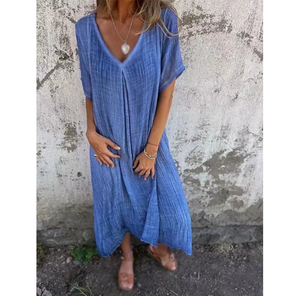 Frontaley Cotton and Linen V-Neck Midi Dress, Solid Casual Dress, Comfortable Holiday Style (Blue,10XL)