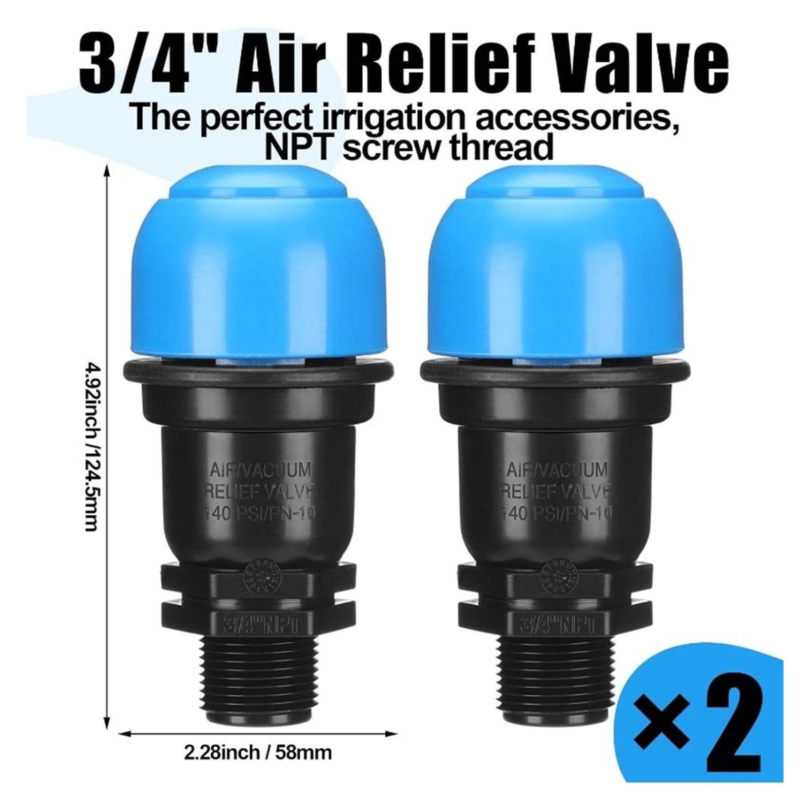 Paquete de 2 válvulas de expulsión de aire, rosca macho de 3/4 pulgadas, alivio de aire, purgador de aire, irrigación, ahorro de agua for sistemas de goteo agrícolas(1 Inch-blue)