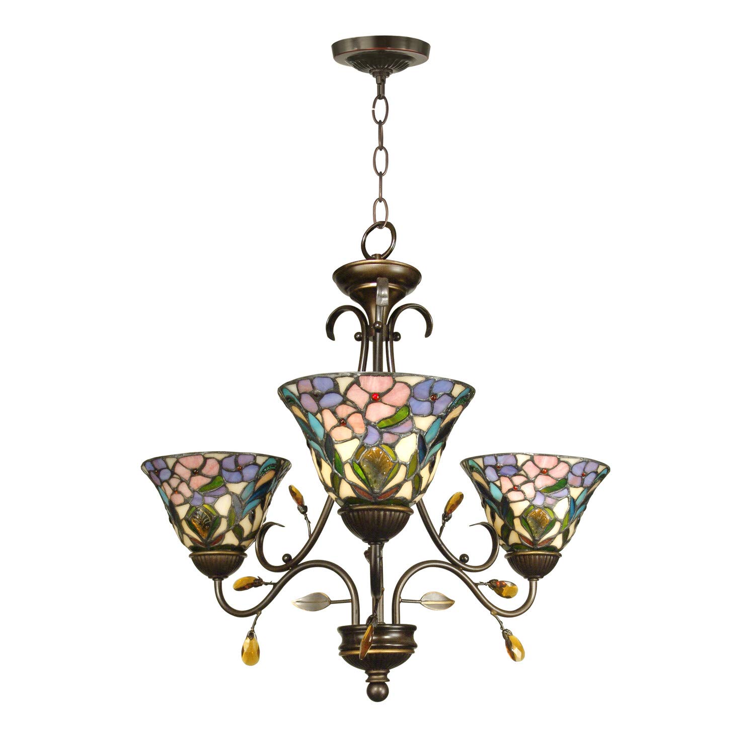 Dale Tiffany TH90214 24" Antique Golden Sand Crystal Peony Hand Crafted Glass Hanging 3 Ceiling Light Fixture, Purple