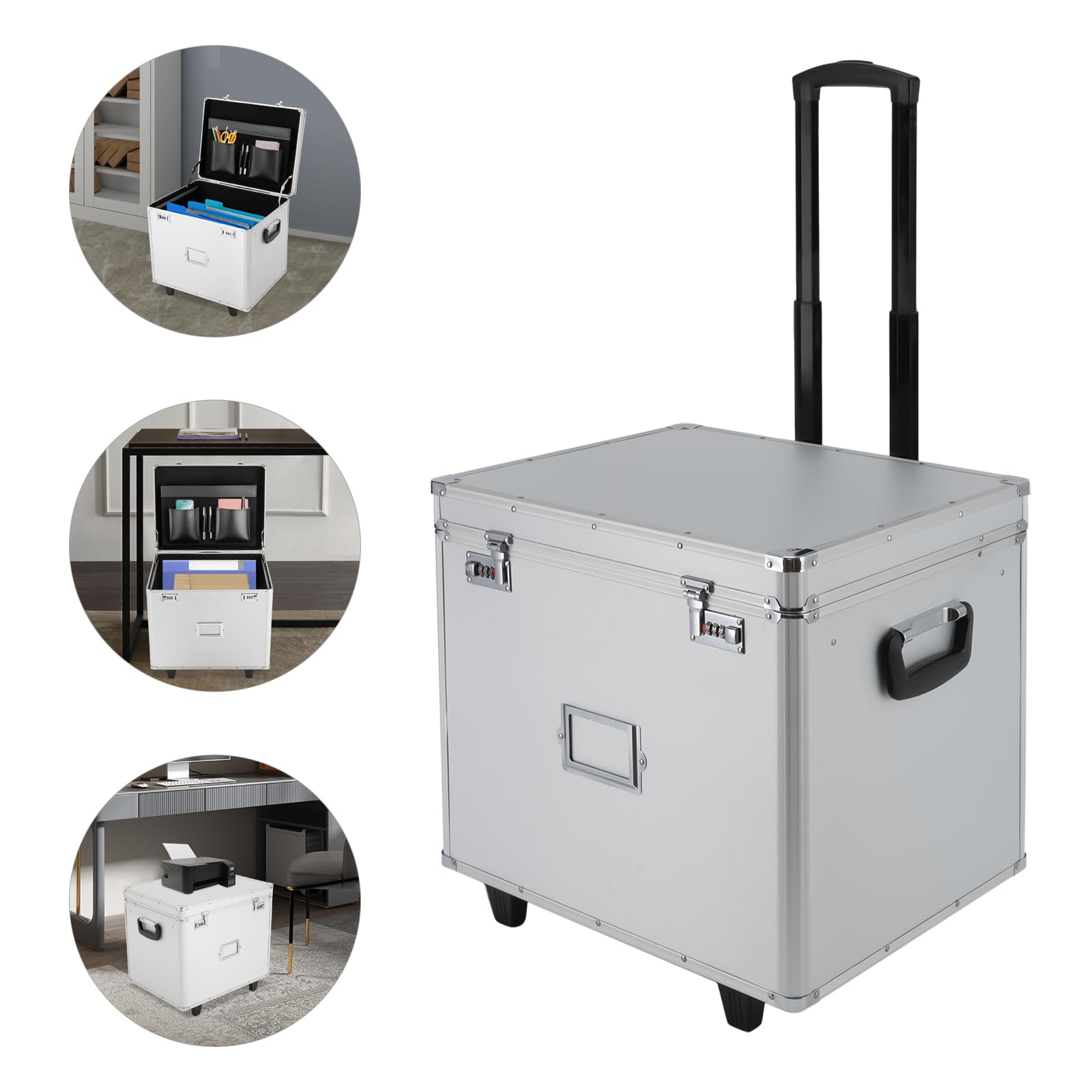 BOPRCSH Locking Mobile Business Case, Portable Locking File Storage Box Fireproof Document Box with Handle and Wheels, Lockable Rolling File Cabinet File Organizer Box Case for Office Home