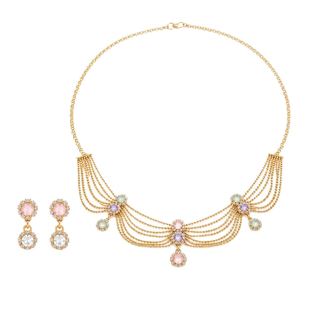 ARVELLA Designer Multi Layer Gold Tone Necklace and Earrings Set for Women & Girls | Lightweight, Crystal & Pastel Stone Jewelry for Weddings, Temple Visits, Festivals, Date Nights & Kitty Parties-image-47