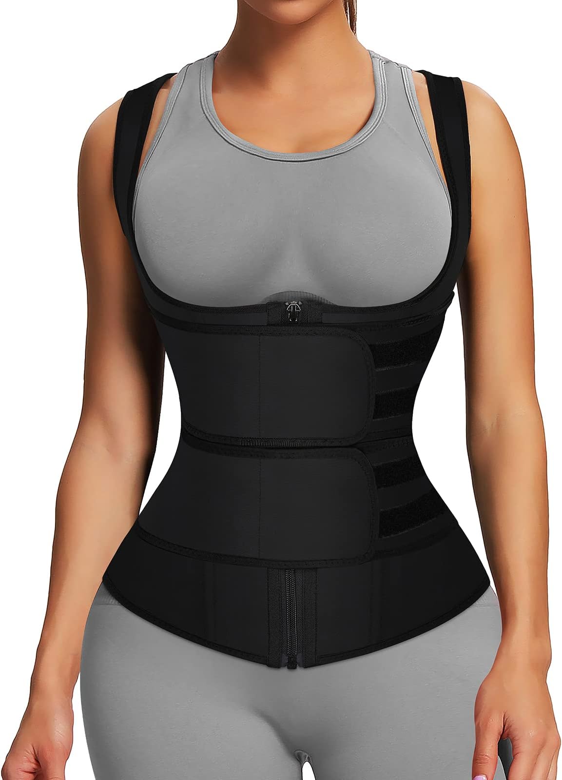 FeelinGirlLatex Waist Trainers Vest for Women Plus Size Waist Cincher Corset Two Belts Zipper 9 Steel Bones