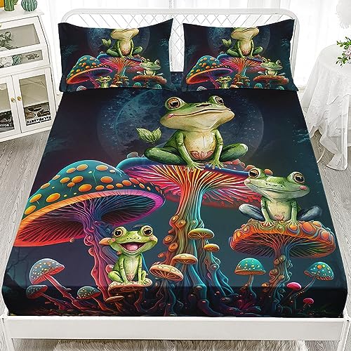 AILONEN Cartoon Frog Fitted Sheet Set Twin XL Size, Magical Mushroom Bed Sheet Set,Mysterious Planet Starry Tree Frog Sheet for Boys Girls Bedroom Decor 3 Pieces, 1 Fitted Sheet and 2 Pillowcases