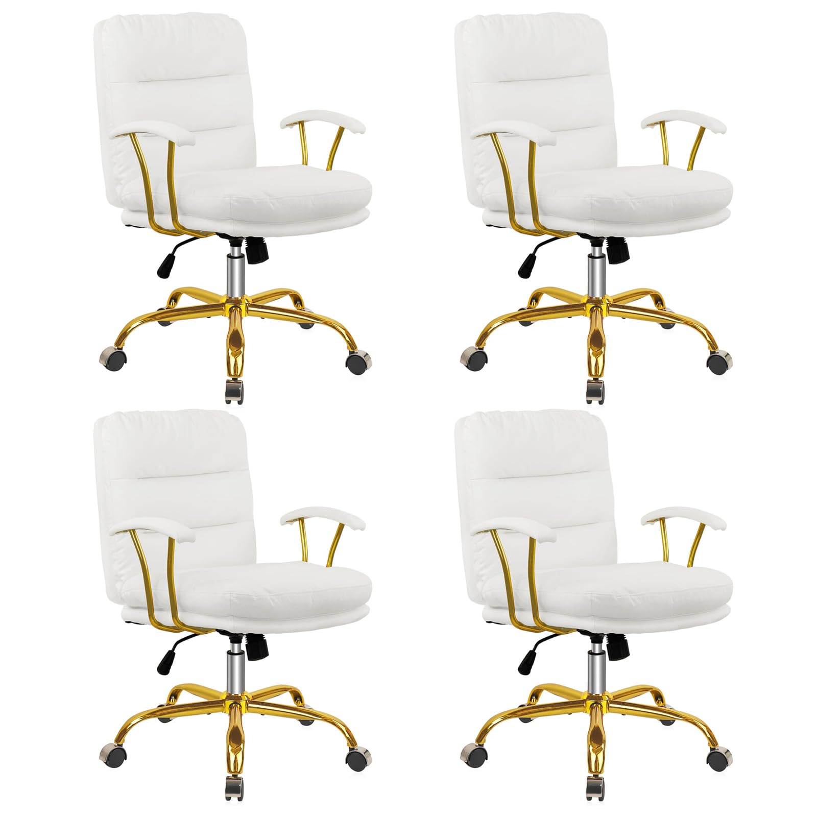 KLASIKA Leather Home Office Desk Chair, Mid-Back Vanity Chair Make Up Chair with Gold Wheels and Armrests, Rolling Swivel Computer Task Chair for