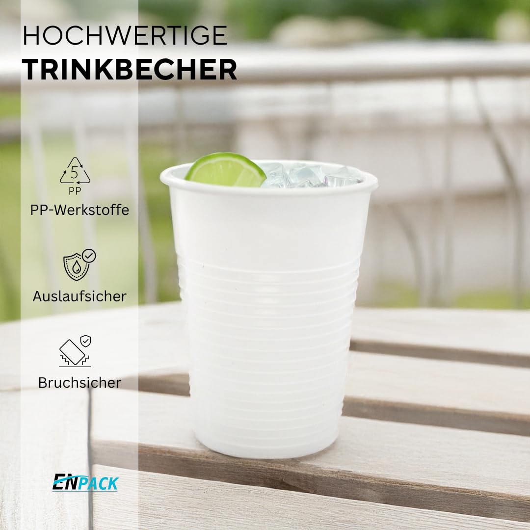 Enpack - Einweg Plastikbecher 200ml- Trinkbecher 1000 Stück - optimal geeignet für Camping, Picknick oder Festival - Kunststoffbecher verwendbar als Camping Becher, Party Zubehör etc.