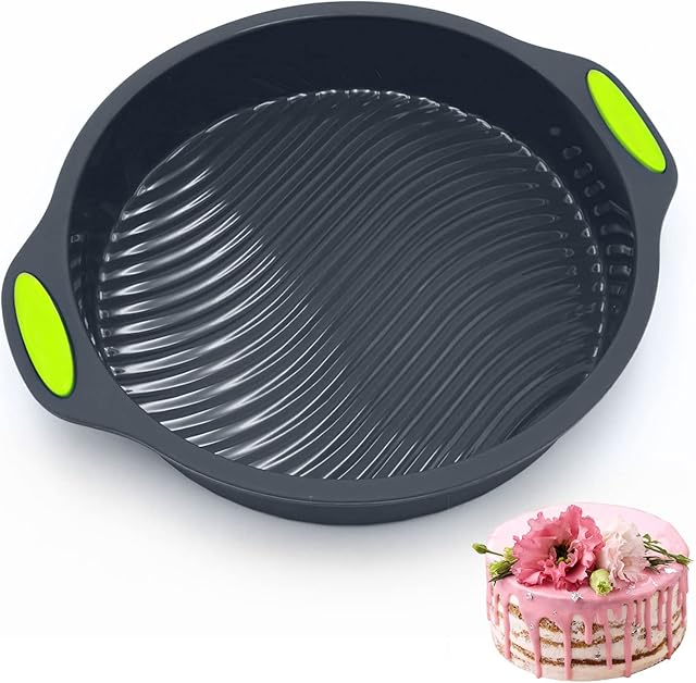 NCOALE Silicone Baking Cake Mould, 9 Inch Non-Stick Cake Pan Silicone Cake Tins, Nonstick & Quick Release Ripple Baking Round Pan for Layer Cake Cheesecake Pies Pizza Birthday Party DIY (Dark Gray)